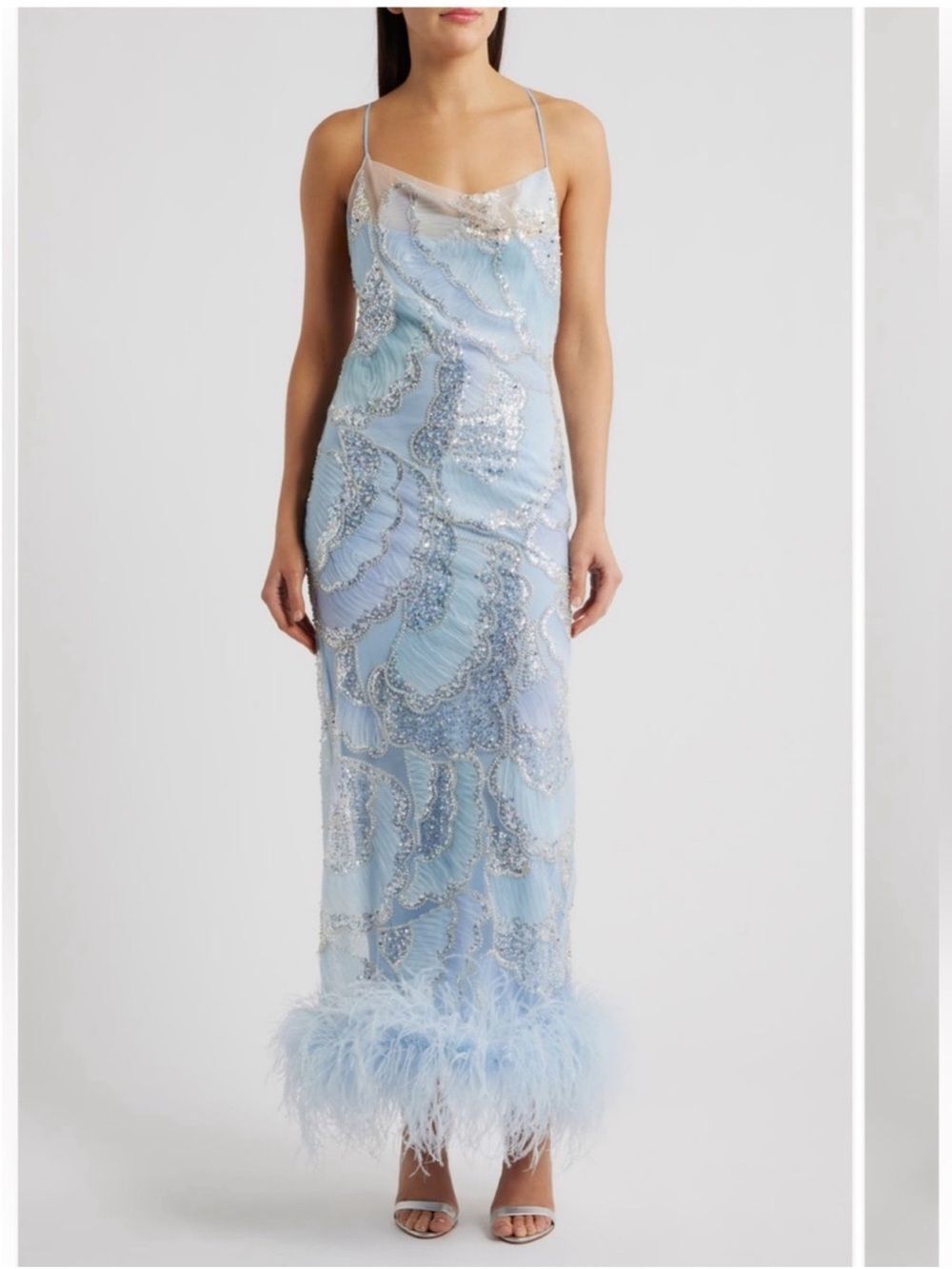 Delfi Collective Shani Sequin Ostrich Feather Hem Gown in Baby Blue